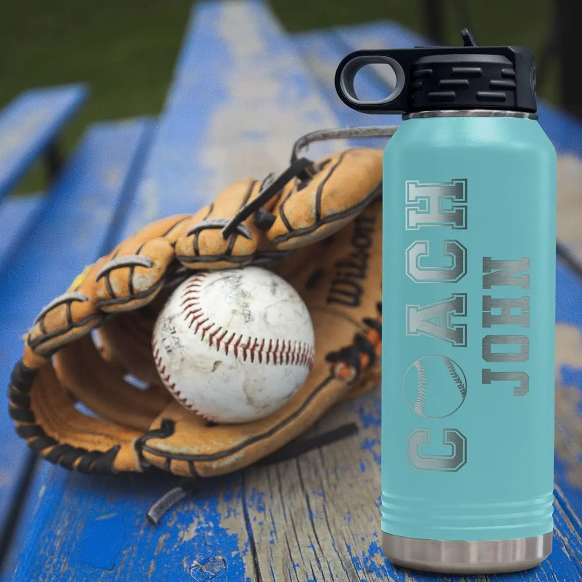 PlaqueMaker Customizable Coach Water Bottle - Include Your Personal Text (Teal)