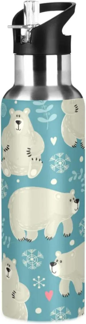Polar Bear Water Bottle with Straw Lid for Fitness Gym Camping Outdoor Sports, Wide Mouth Vacuum Insulated 18/8 Stainless Steel, 22oz