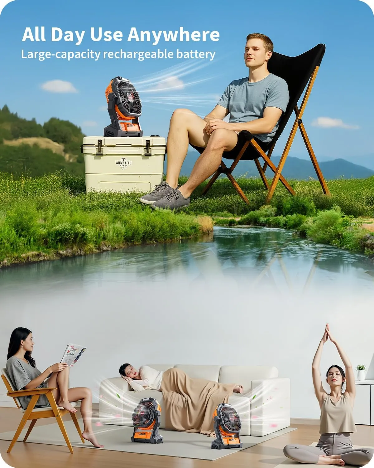 Portable Battery Operated Fan, 20000mAh Rechargeable Camping Fan with LED Lantern, Hang Hook, Camping Gear for Travel, BBQ, Fishing, Hurricane （Orange）