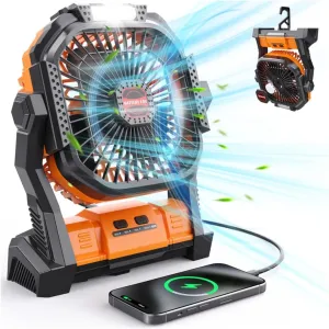 Portable Battery Operated Fan, 20000mAh Rechargeable Camping Fan with LED Lantern, Hang Hook, Camping Gear for Travel, BBQ, Fishing, Hurricane （Orange）