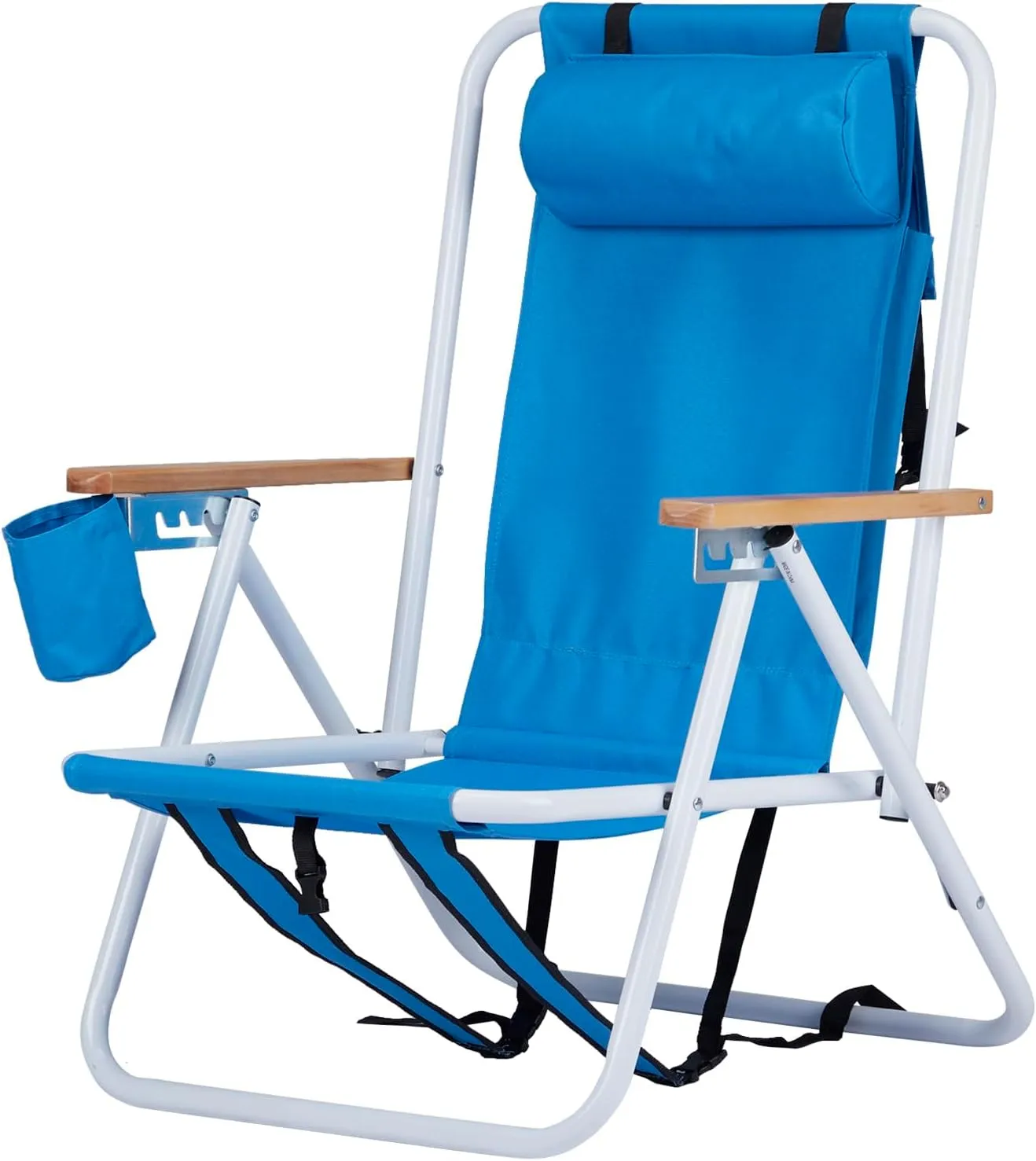 Portable Beach Chair with Adjustable Headrest, Folding Camping Chairs, Tanning Lounge Chair, Recliner Adults Lounger for Outdoor Sports, Camp, Lawn, Iron and Polyester Fabric with Cup Holder Blue