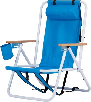 Portable Beach Chair with Adjustable Headrest, Folding Camping Chairs, Tanning Lounge Chair, Recliner Adults Lounger for Outdoor Sports, Camp, Lawn, Iron and Polyester Fabric with Cup Holder Blue