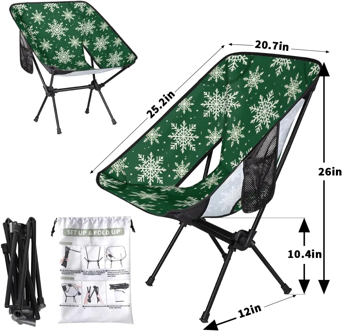 Portable Camping Chair Christmas Snowflakes Ultralight Folding Camping Chair Gothic Snowflakes Backpacking Hiking Chair with Cup Holder for Outdoor Travel Beach Picnic Festival, 176 lbs Capacity