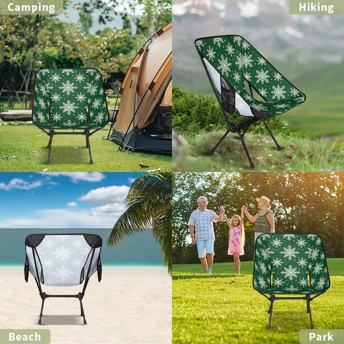 Portable Camping Chair Christmas Snowflakes Ultralight Folding Camping Chair Gothic Snowflakes Backpacking Hiking Chair with Cup Holder for Outdoor Travel Beach Picnic Festival, 176 lbs Capacity