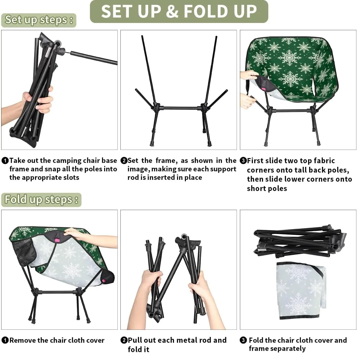 Portable Camping Chair Christmas Snowflakes Ultralight Folding Camping Chair Gothic Snowflakes Backpacking Hiking Chair with Cup Holder for Outdoor Travel Beach Picnic Festival, 176 lbs Capacity
