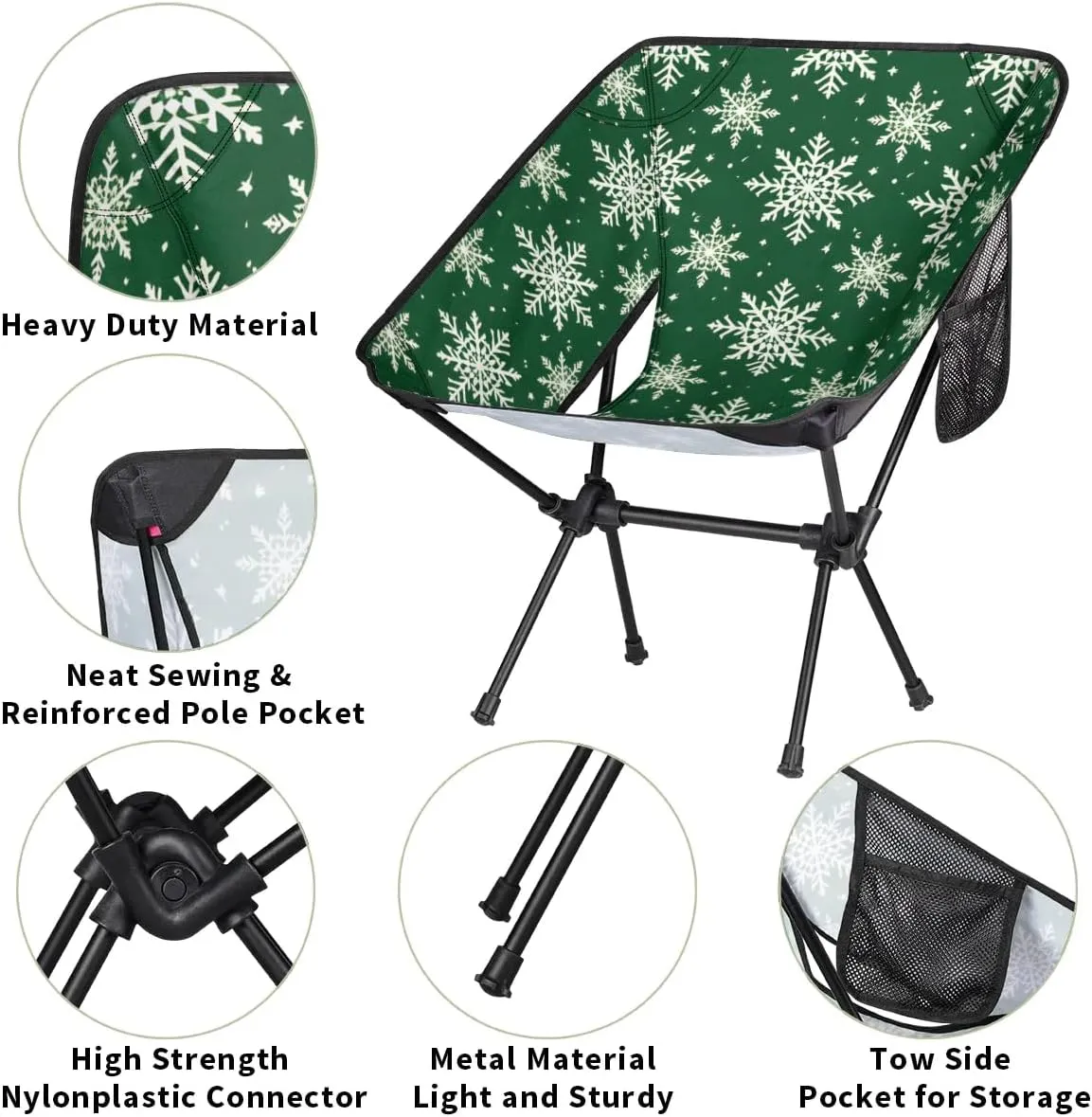 Portable Camping Chair Christmas Snowflakes Ultralight Folding Camping Chair Gothic Snowflakes Backpacking Hiking Chair with Cup Holder for Outdoor Travel Beach Picnic Festival, 176 lbs Capacity