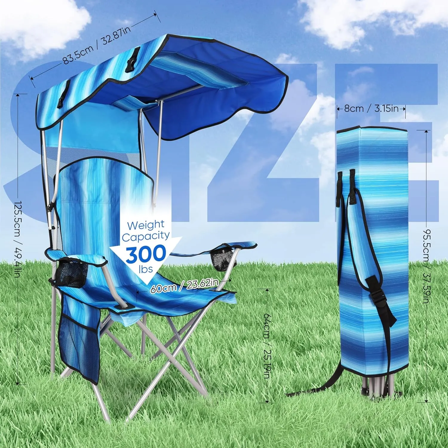 Portable Camping Chair with Canopy - Folding Chair with Canopy, Durable 600D Oxford Canopy Chair for Camping, Beach, Picnics, Fishing & Sports