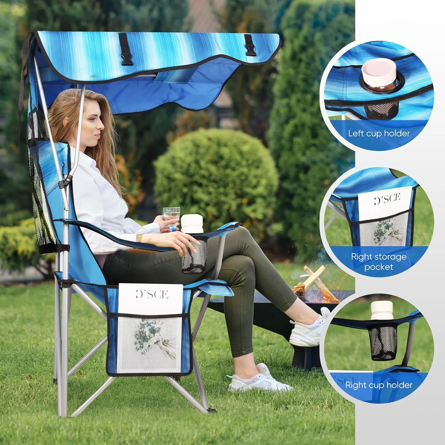 Portable Camping Chair with Canopy - Folding Chair with Canopy, Durable 600D Oxford Canopy Chair for Camping, Beach, Picnics, Fishing & Sports