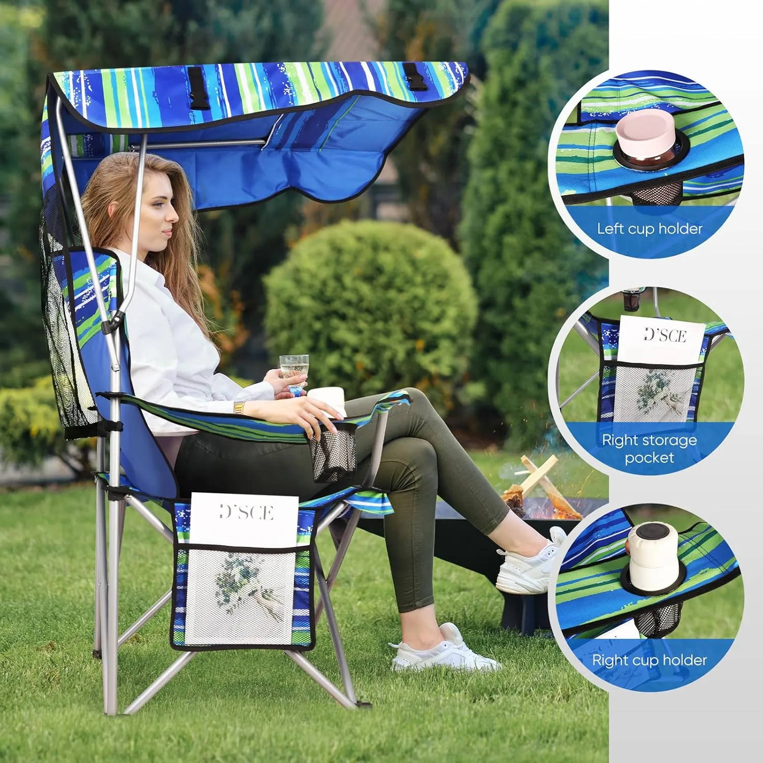 Portable Camping Chair with Canopy - Folding Chair with Canopy, Durable 600D Oxford Canopy Chair for Camping, Beach, Picnics, Fishing & Sports