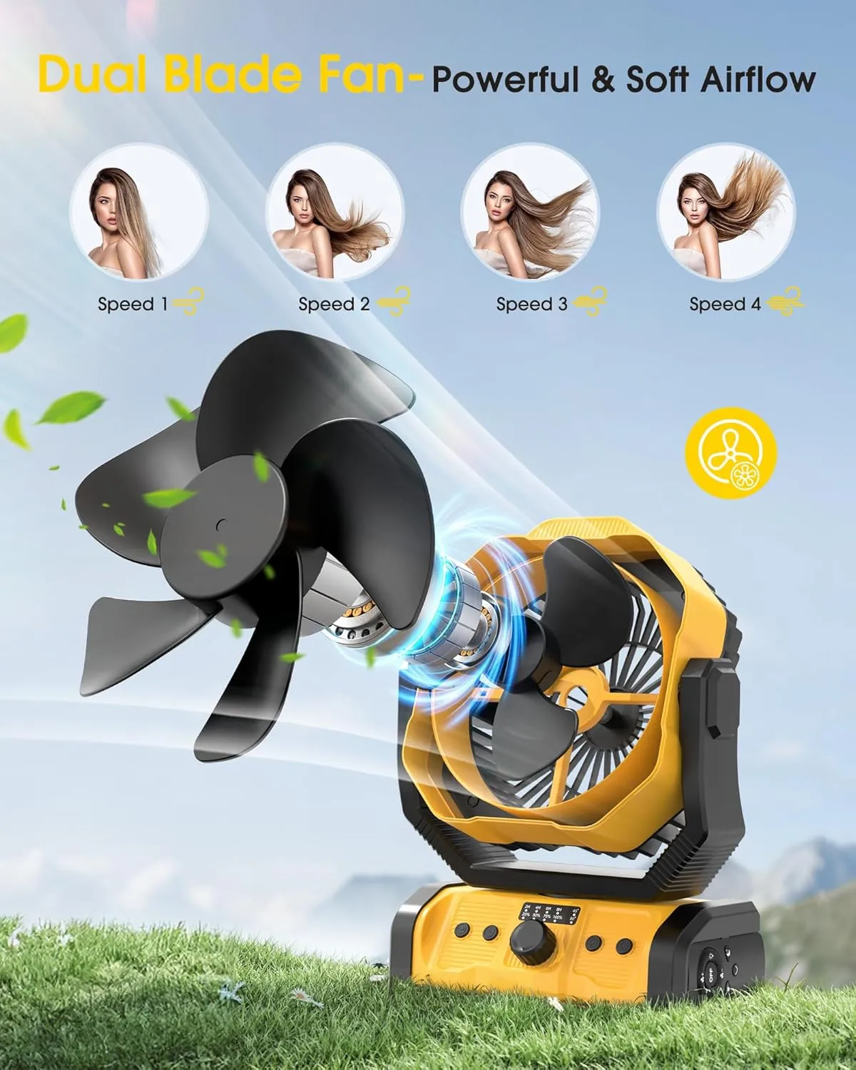 Portable Camping Fan Rechargeable - 20000mAh Cordless Battery Powered Fans with LED Lantern, Remote Auto Oscillating USB C Table Operated Tent Ventilador for Travel Outdoor Fishing Bedroom Home