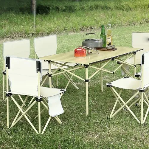 Portable Folding Table and Chairs, Aluminum Alloy Roll-up Top Camping Lightweight Picnic Chair for Outdoor Garden BBQ
