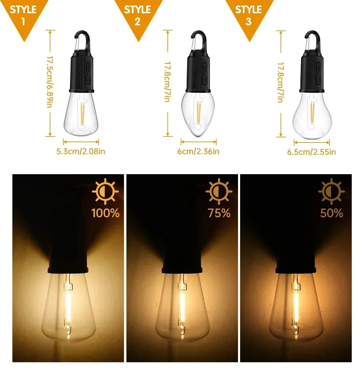 Portable LED Camping Lantern, USB-C Rechargeable, Warm Light, Waterproof with Hook for Hiking, Fishing