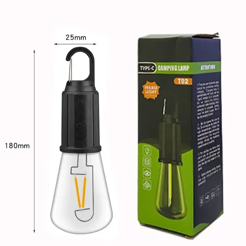 Portable LED Camping Lantern, USB-C Rechargeable, Warm Light, Waterproof with Hook for Hiking, Fishing