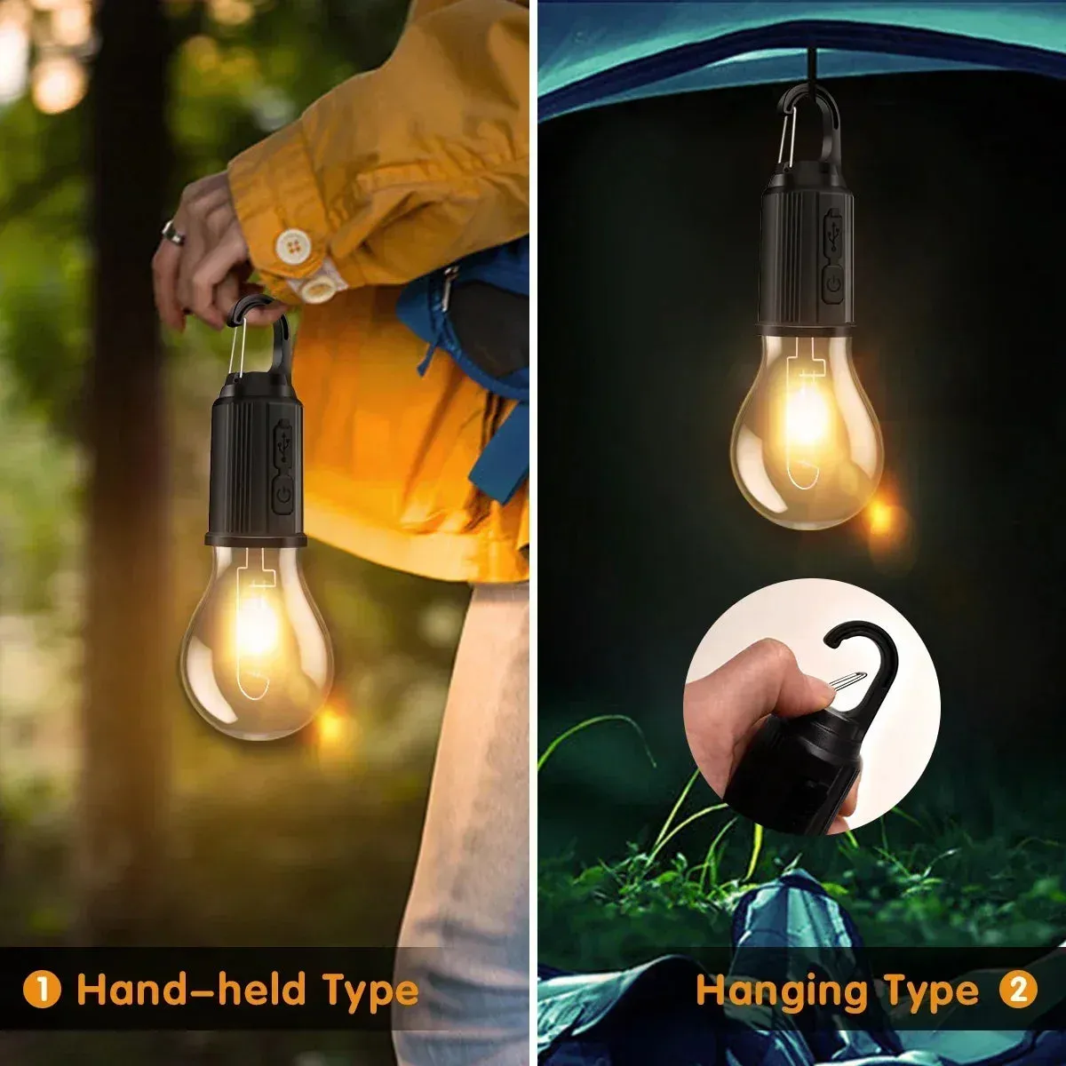 Portable LED Camping Lantern, USB-C Rechargeable, Warm Light, Waterproof with Hook for Hiking, Fishing