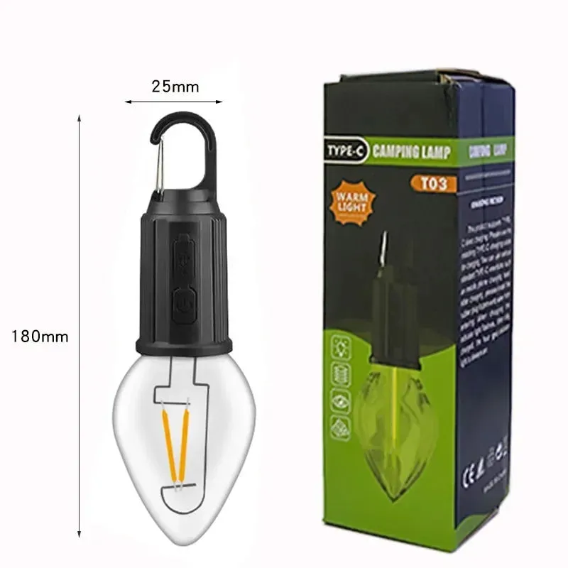 Portable LED Camping Lantern, USB-C Rechargeable, Warm Light, Waterproof with Hook for Hiking, Fishing
