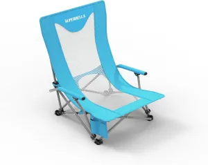 Portable Low Beach Chair for Adults with Cup Holder Hard Arm Folding Lawn Chairs for Outdoor Activities, Blue, Support 400 lbs
