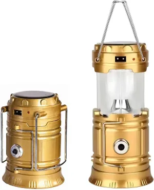 Portable Solar-Powered Lantern Flashlight for Outdoor Adventures, USB Rechargeable Emergency Light with Golden Metal Shell