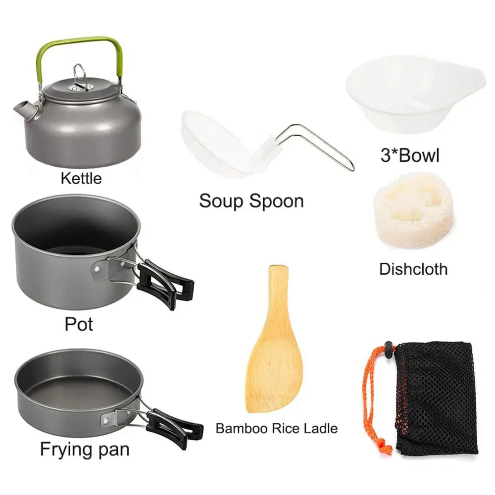 Portable Stainless Steel Camping Cooker Set - Outdoor Pot, Pan, Stove, and Kettle for Nature Hiking