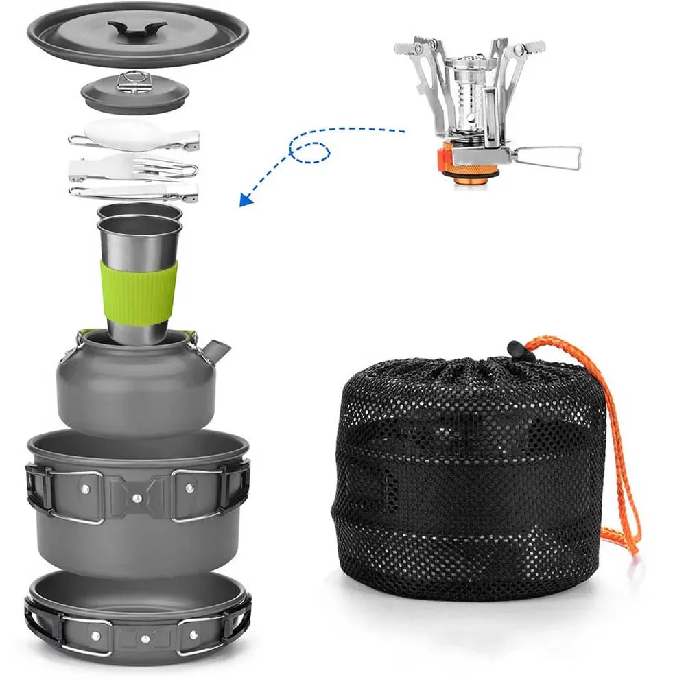 Portable Stainless Steel Camping Cooker Set - Outdoor Pot, Pan, Stove, and Kettle for Nature Hiking