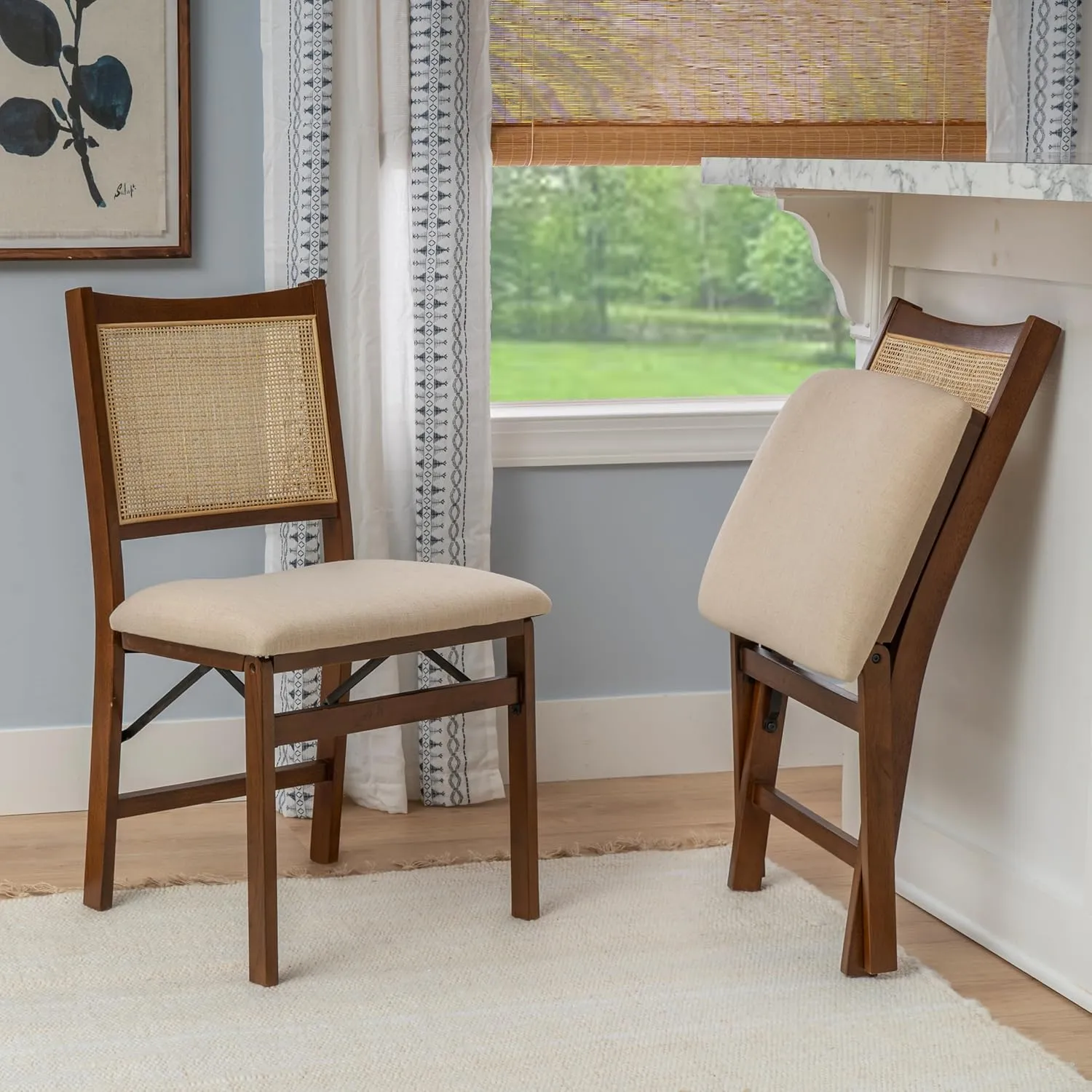 Powell Kasi Brown and Natural Rattan Cane Fully Assembled Foldable Wooden Dining Side Chair