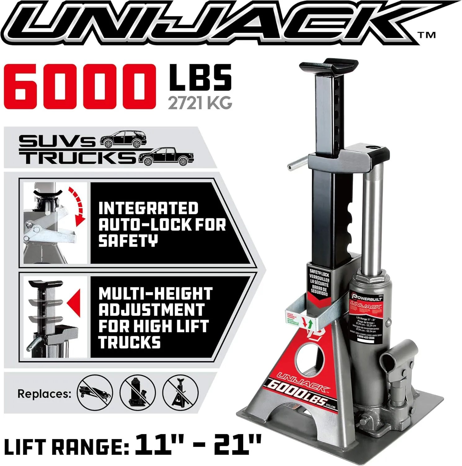 Powerbuilt 3 Ton, Bottle Jack and Jack Stands in One, 6000 Pound Capacity, All-in-One Car Lift, Heavy Duty Vehicle Unijack, Wide Base, 620471