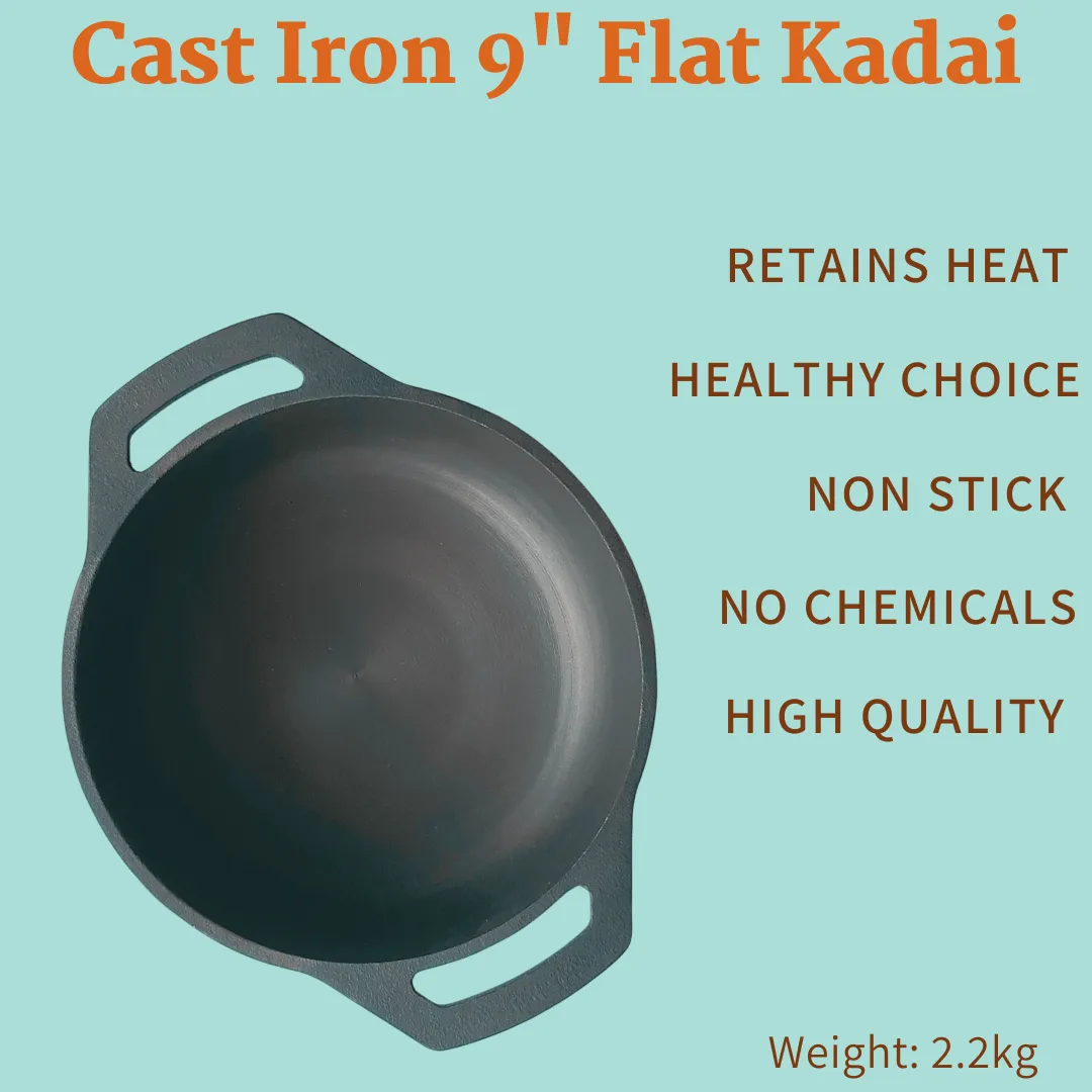 Pre-seasoned Cast Iron Flat Base Kadai (9")