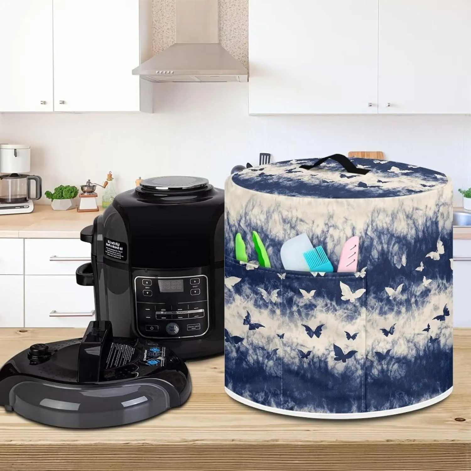 Pressure Cooker Cover Electric Rice Cooker Dust Cover Round Protective Cover Bag with Top Handle and 2 Pocket for Travel Portable and Home Decor, Blue Smoke Butterfly Print