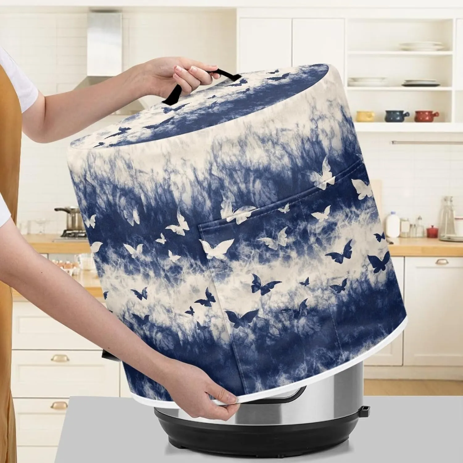 Pressure Cooker Cover Electric Rice Cooker Dust Cover Round Protective Cover Bag with Top Handle and 2 Pocket for Travel Portable and Home Decor, Blue Smoke Butterfly Print