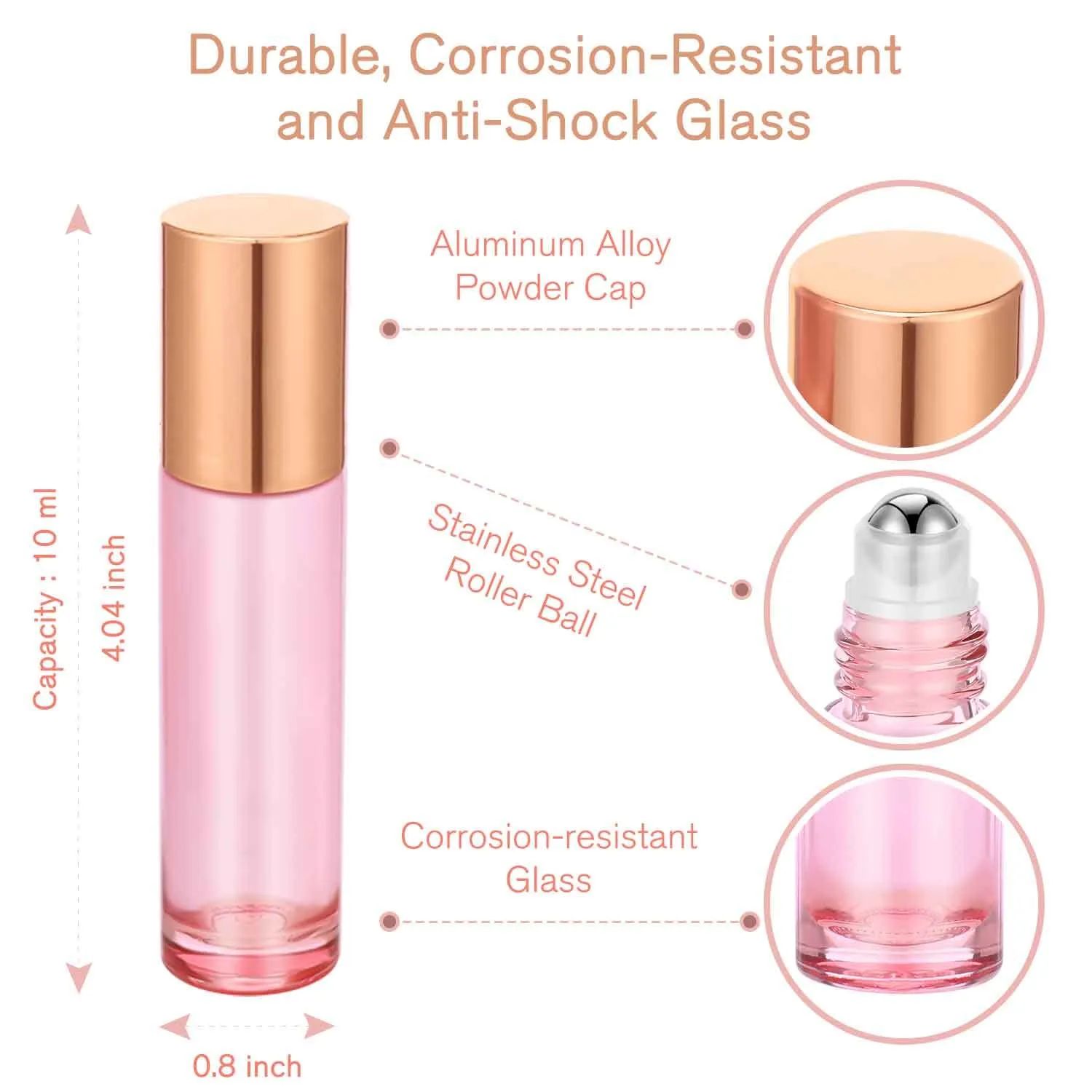 PrettyCare 24 Pack, 10 ml Essential Oil Roller Bottles with Stainless Steel Roller Ball - Refillable Leak-proof Empty Thick Pink Glass Roll on Bottles with Metal Caps for Travel, Perfume