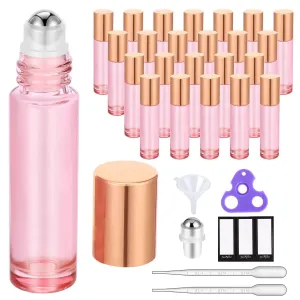 PrettyCare 24 Pack, 10 ml Essential Oil Roller Bottles with Stainless Steel Roller Ball - Refillable Leak-proof Empty Thick Pink Glass Roll on Bottles with Metal Caps for Travel, Perfume
