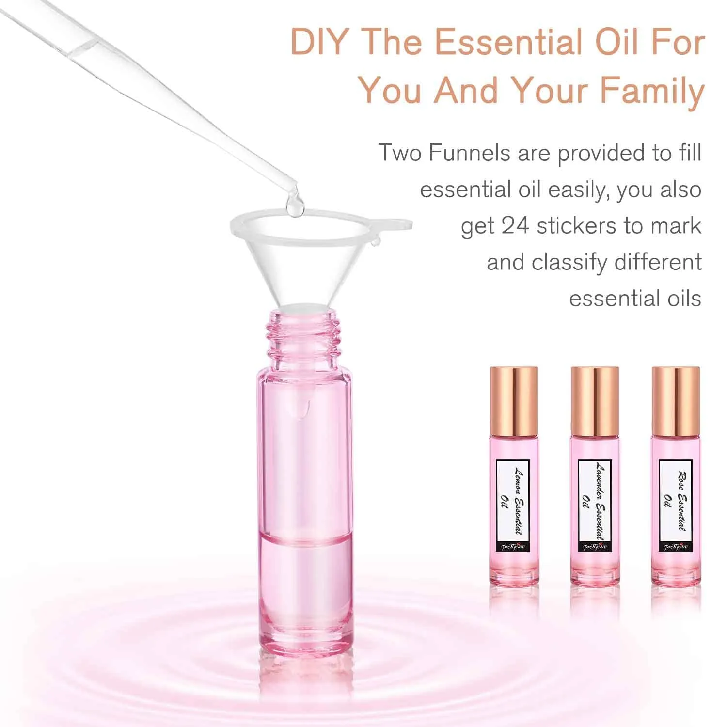 PrettyCare 24 Pack, 10 ml Essential Oil Roller Bottles with Stainless Steel Roller Ball - Refillable Leak-proof Empty Thick Pink Glass Roll on Bottles with Metal Caps for Travel, Perfume