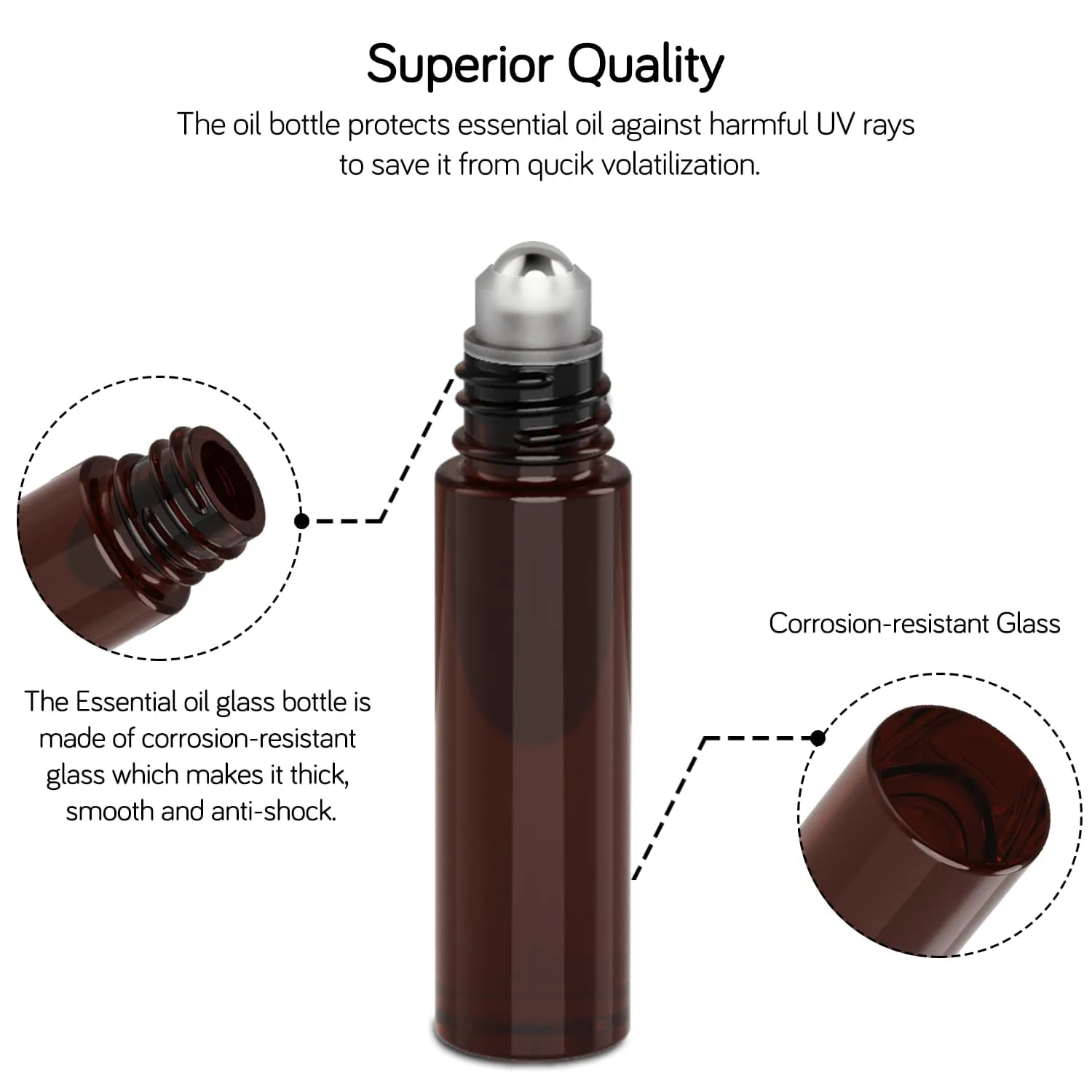 PrettyCare Set of 24, 10 ml Amber Glass Roller Bottles for Essential Oil with Stainless Steel Roller Ball - Refillable Leak-proof Empty Roll on Bottles with Black Caps for Travel, Perfume