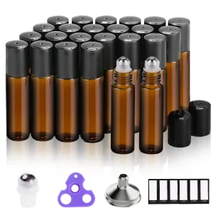 PrettyCare Set of 24, 10 ml Amber Glass Roller Bottles for Essential Oil with Stainless Steel Roller Ball - Refillable Leak-proof Empty Roll on Bottles with Black Caps for Travel, Perfume