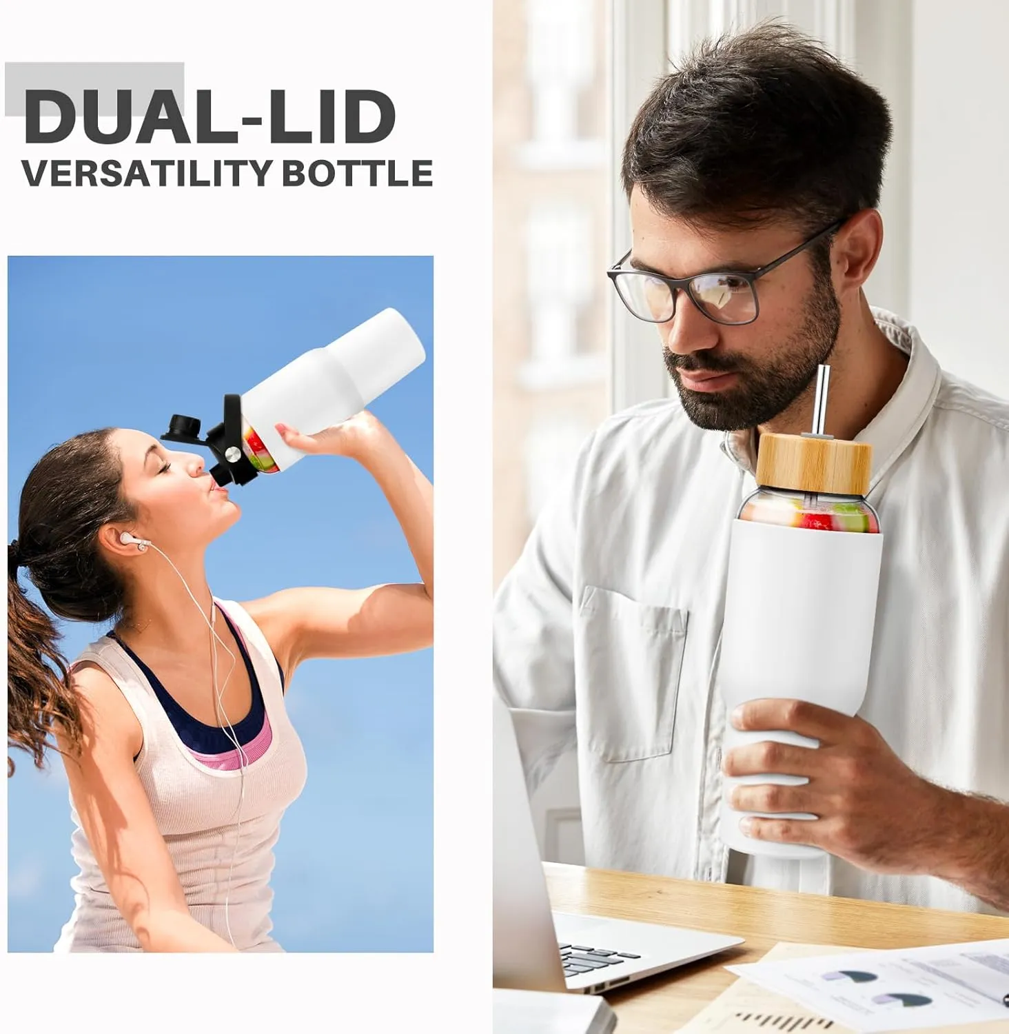 PROBTTL Glass Water Bottles 32 oz, 1 Liter Glass Tumbler, Borosilicate Water Bottle with Straw, Silicone Sleeve, 2 Lids - Handle Spout & Bamboo Straw Lid, Fits Car Cup Holder