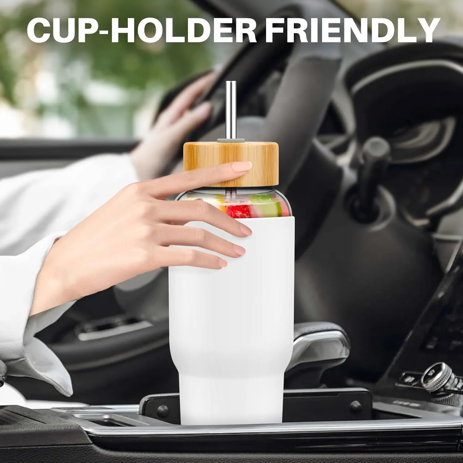 PROBTTL Glass Water Bottles 32 oz, 1 Liter Glass Tumbler, Borosilicate Water Bottle with Straw, Silicone Sleeve, 2 Lids - Handle Spout & Bamboo Straw Lid, Fits Car Cup Holder