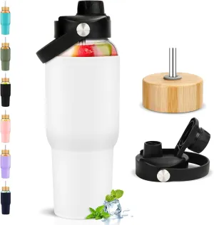 PROBTTL Glass Water Bottles 32 oz, 1 Liter Glass Tumbler, Borosilicate Water Bottle with Straw, Silicone Sleeve, 2 Lids - Handle Spout & Bamboo Straw Lid, Fits Car Cup Holder