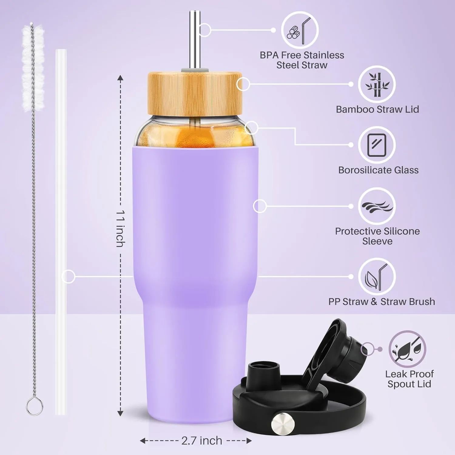 PROBTTL Glass Water Bottles 32 oz, 1 Liter Glass Tumbler, Borosilicate Water Bottle with Straw, Silicone Sleeve, 2 Lids - Handle Spout & Bamboo Straw Lid, Fits Car Cup Holder