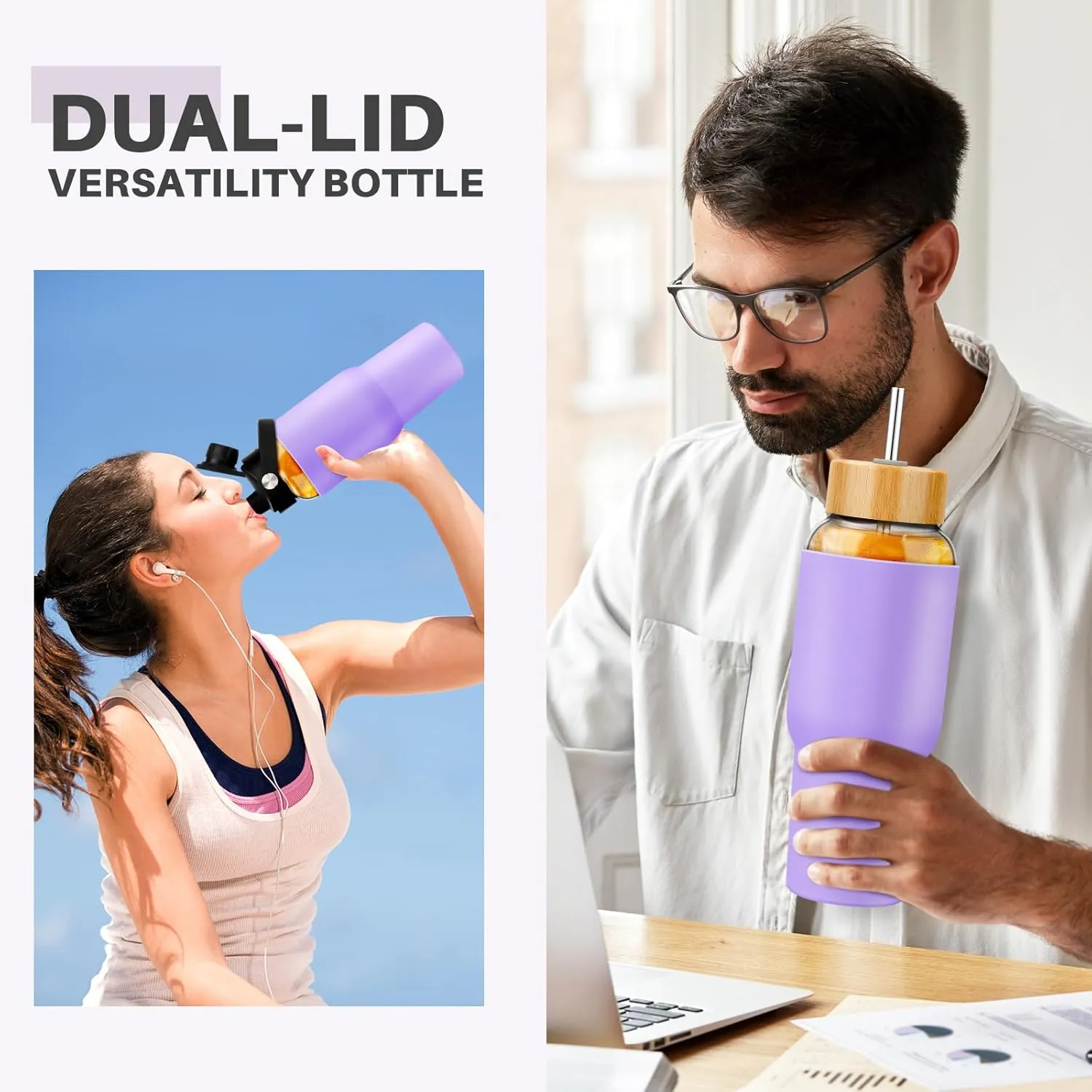 PROBTTL Glass Water Bottles 32 oz, 1 Liter Glass Tumbler, Borosilicate Water Bottle with Straw, Silicone Sleeve, 2 Lids - Handle Spout & Bamboo Straw Lid, Fits Car Cup Holder