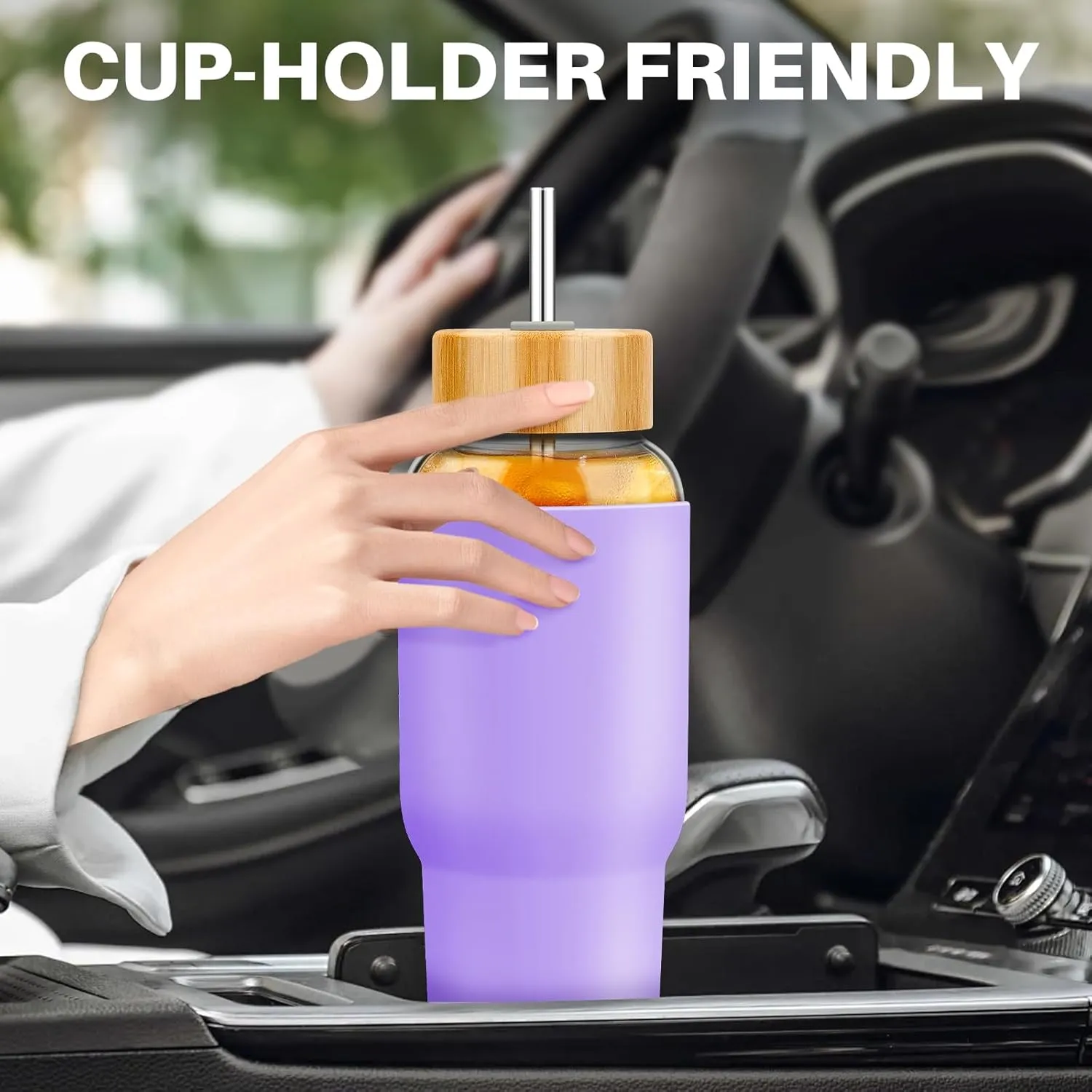 PROBTTL Glass Water Bottles 32 oz, 1 Liter Glass Tumbler, Borosilicate Water Bottle with Straw, Silicone Sleeve, 2 Lids - Handle Spout & Bamboo Straw Lid, Fits Car Cup Holder