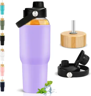 PROBTTL Glass Water Bottles 32 oz, 1 Liter Glass Tumbler, Borosilicate Water Bottle with Straw, Silicone Sleeve, 2 Lids - Handle Spout & Bamboo Straw Lid, Fits Car Cup Holder