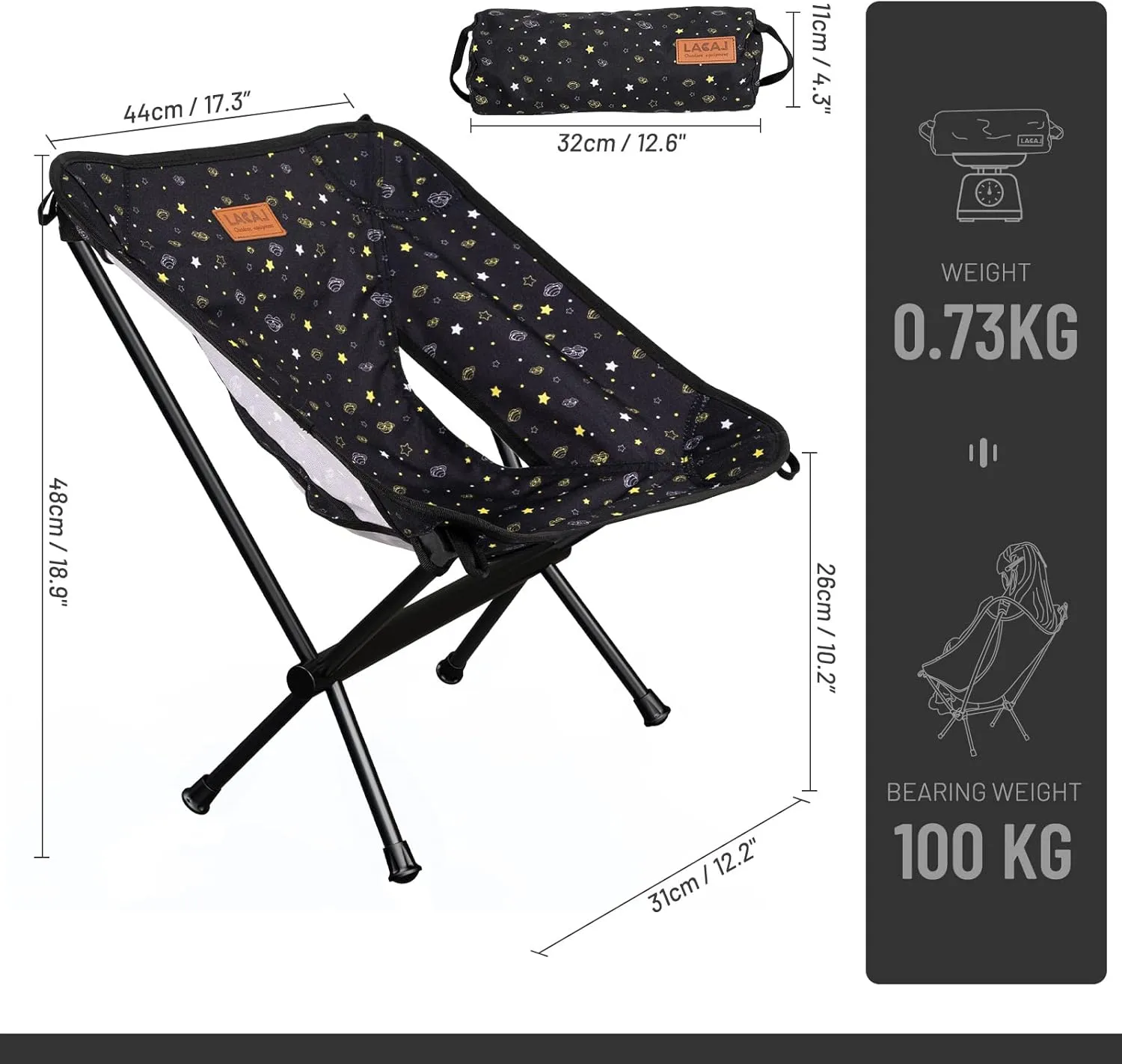 Protable Lightweight Chair for Youth, Compact Folding Size 12.6“×4.3", Only Weights 1.6lbs, 600D Oxford Fabric, Durable Aluminum Alloy Frame, Easy to Storage & Carry(Black)