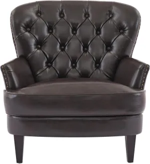 PU Leather Accent Chair, Mid-Century Modern Armchair Living Room Club Chair with Tufted Button & Rivet Trim, Upholstered Sofa Chair with Sturdy Wood Legs for Bedroom