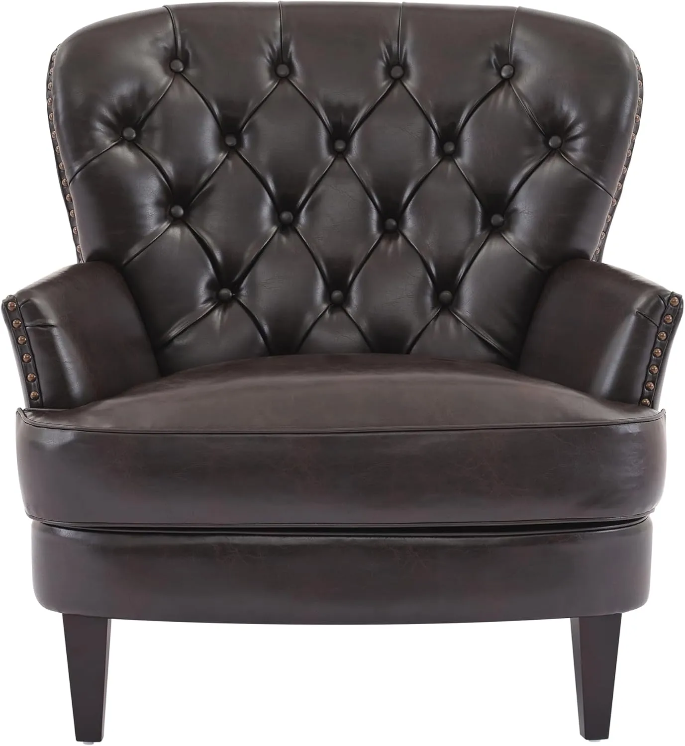 PU Leather Accent Chair, Mid-Century Modern Armchair Living Room Club Chair with Tufted Button & Rivet Trim, Upholstered Sofa Chair with Sturdy Wood Legs for Bedroom