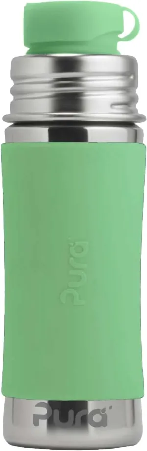 Pura Sport Mini 11oz/325ml Bottle w/Sleeve & Silicone Big Mouth Sport Top - Stainless Steel, Leak-Proof & Spill-Proof for Kids, Toddlers, Preschoolers - Moss
