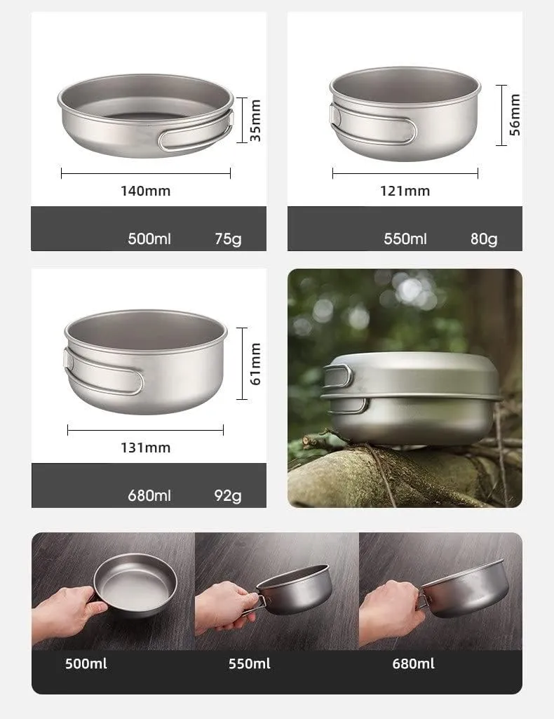 Pure Titanium Folding Cookware Three-Piece Set Outdoor Ultra-Light Portable Lunch Box，3PCS/Set