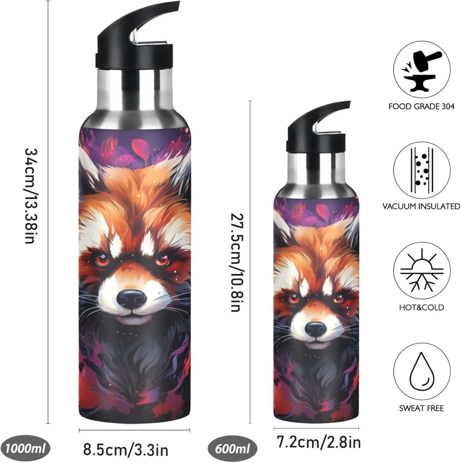 Purple Abstract Art Red Panda Sport Water Bottle Insulated Stainless Steel Large Vacuum Flask Leak Proof Thermos with Straw for Travel(600ml/1000ml)