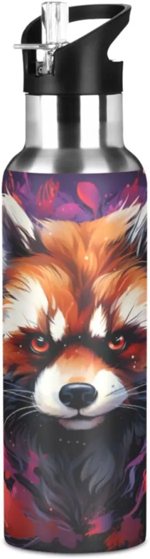 Purple Abstract Art Red Panda Sport Water Bottle Insulated Stainless Steel Large Vacuum Flask Leak Proof Thermos with Straw for Travel(600ml/1000ml)