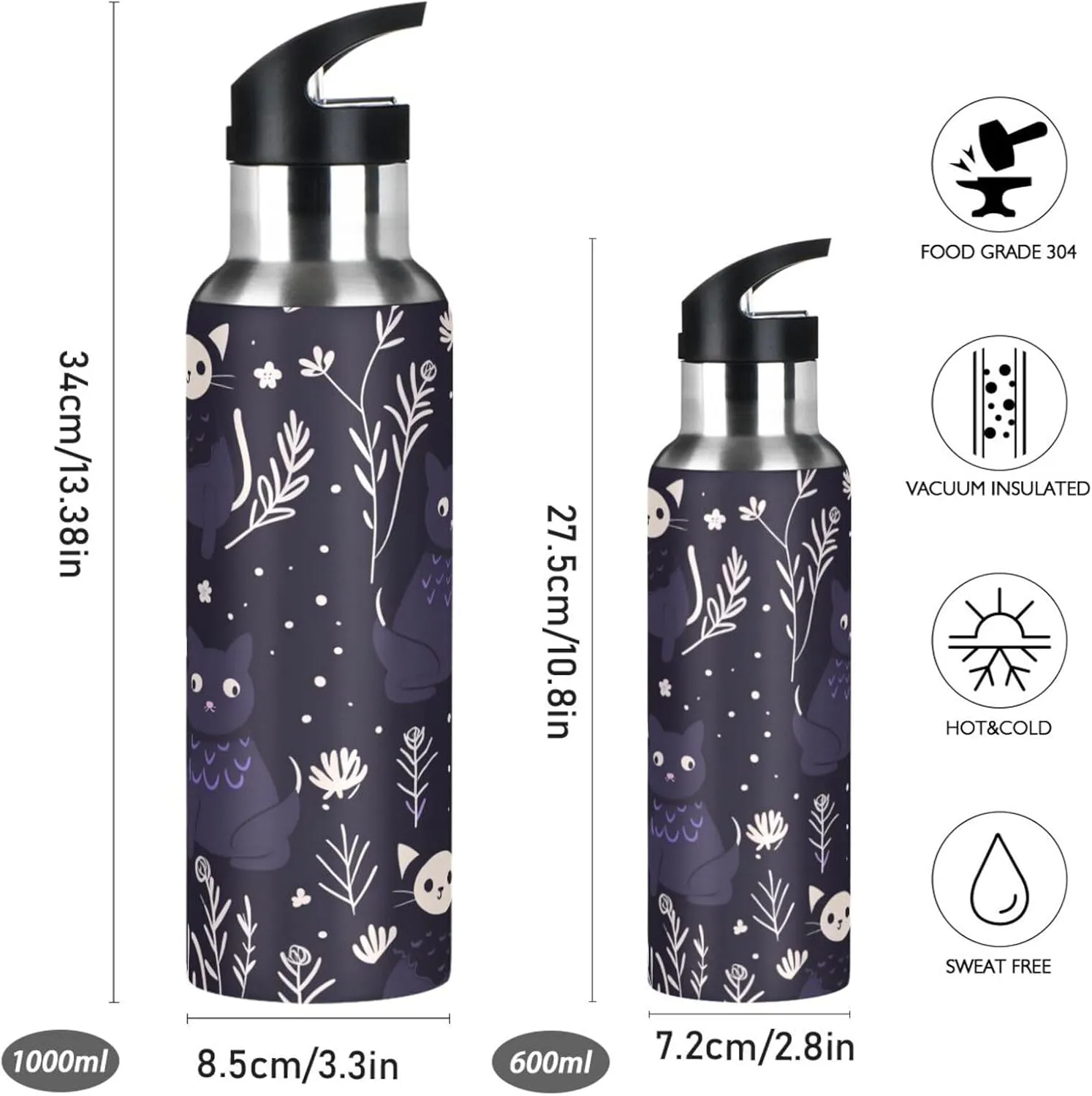 Purple Animal Cats Sport Water Bottle Insulated Stainless Steel Large Vacuum Flask Leak Proof Thermos with Straw for Travel(600ml/1000ml)