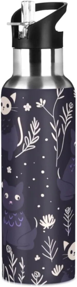 Purple Animal Cats Sport Water Bottle Insulated Stainless Steel Large Vacuum Flask Leak Proof Thermos with Straw for Travel(600ml/1000ml)