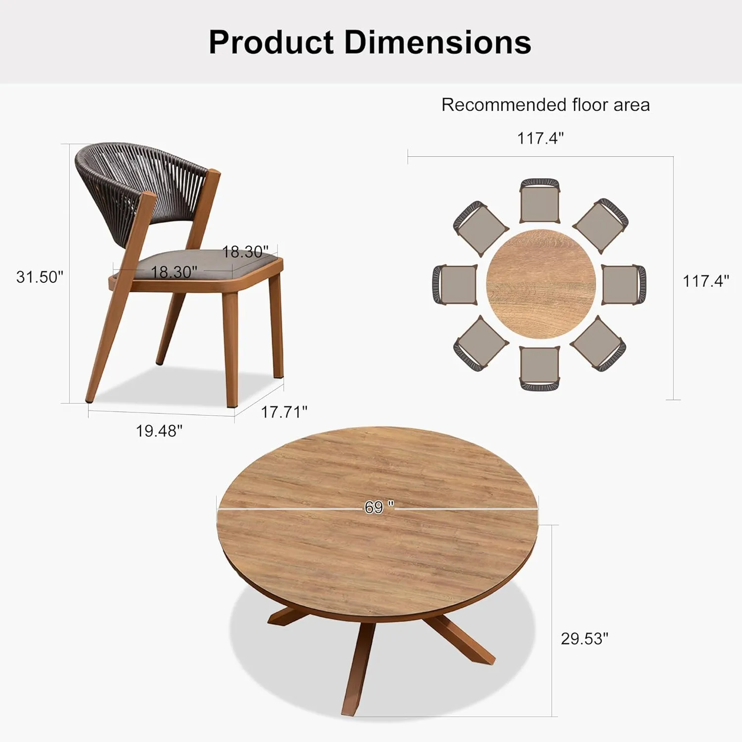 PURPLE LEAF 9 Pieces Round Outdoor Dining Set Large Outdoor Dining Table and Chairs Aluminum Wicker Rattan Patio Furniture Set for Lawn Porch Deck Brown